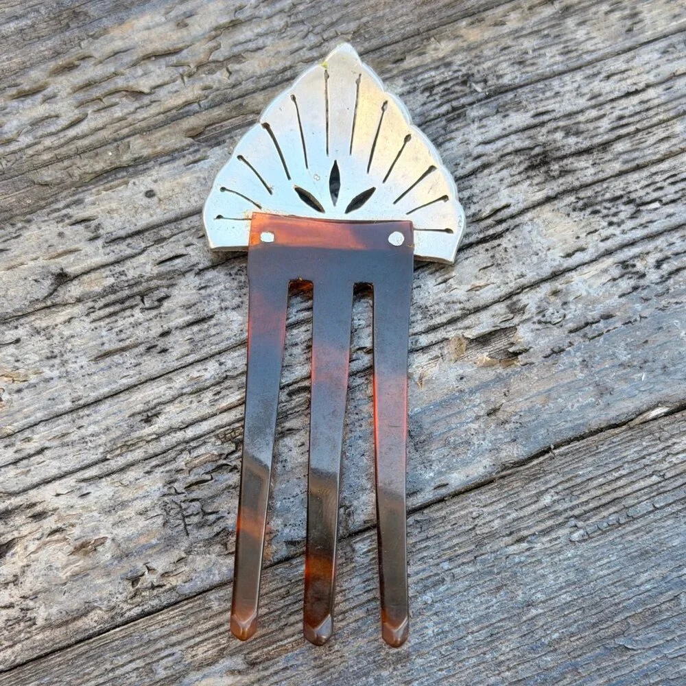 1920s Art Deco Celluloid Silver Rhinestone Hair Clip Comb Vintage Tortoise shell - Picture 5 of 6